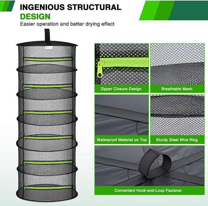 Yesker 6 Layer Herb Drying Rack Hanging Mesh Net Foldable Plant Drying Racks 24" w Green Zipper Pruning Shears Dryer Hanging Rack for Herbs Seed Bud Fruit Clothes Grow Tent Closet Garden Outdoor 2 PCS | 24" w Green Zipper Pruning Shears Dryer Hanging R...
