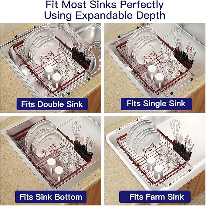 Red Dish Drying Rack Over The Sink with Utensil Holder, Mat | Expandable Stainless Steel Dish Drainer for Small Kitchen, Apartment, RV, Counter Space Saving, Perfect Fit, Rustproof