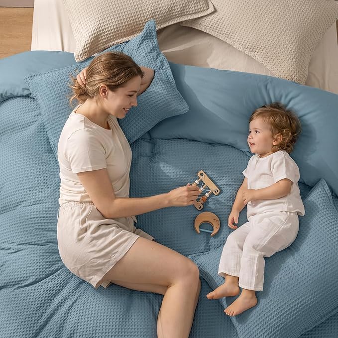 PHF Waffle Duvet Cover Set Queen Size, No Snagging Ultra Soft Luxury Textured Breathable Comforter Cover for All Season 3pcs, Durable Bedding Duvet Set with 2 Pillow Shams, 90"x90", Stormy Blue