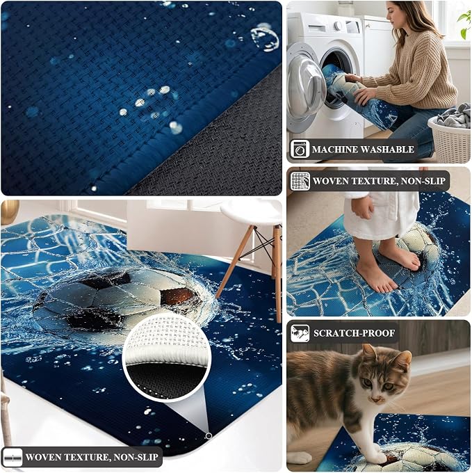 Hallway Runner Rug Indoor Outdoor 19.7"x63", Soccer Ball Absorbent Non Slip Floor Rug, Wet Net Power Shot Blue Football Low Profile Door Mat for Double Door Kitchen Laundry Room Corridor Mudroom