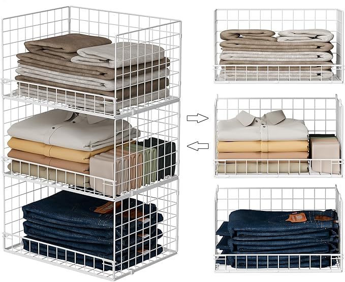 Yociyoga Closet Organizers and Storage Basket- 3-Tier Stackable Storage Bins, Foldable Closet Shelf Organizer Basket, Stackable Clothes Organizers Shelves for Home Organizer System(Patent 30022416)