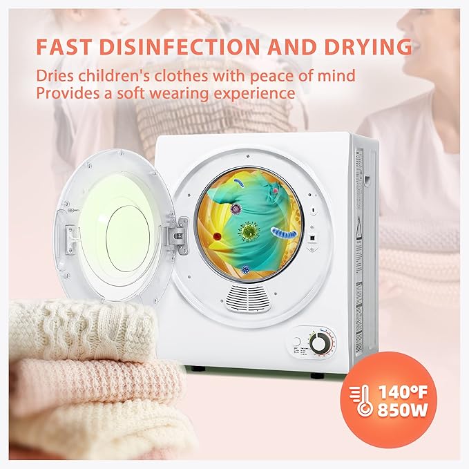 Euhomy Portable Dryer 1.5 cu. ft., 850W Powerful Clothes Dryer with Stainless Steel Drum and Exhaust Hose, Dryer Ideal for Apartments, RVs, Dorm Rooms，White