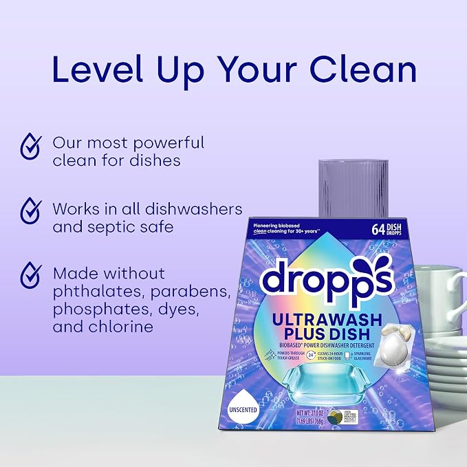 Dropps UltraWash Plus Dishwasher Detergent Pods, Unscented (64 Ct) Free & Clear | Triple Action | Built In Rinse Aid | Cuts Grease & Stuck-On Food | Sparkling Dishes | Residue-Free | Clean Ingredients