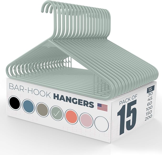 Plastic Hangers 15 Pack – Made in the USA – 6lb Capacity Standard Clothes Hangers with Strap Hooks for Dresses, Lingerie, Shirts, Pants, and Jackets – Mint