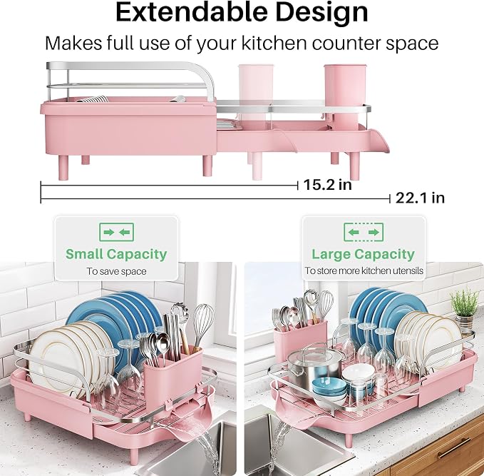SNTD Dish Drying Rack, Expandable Dish Rack for Kitchen Counter, Stainless Steel Dish Drainer with Drainboard Set and Utensil Holder (Pink)