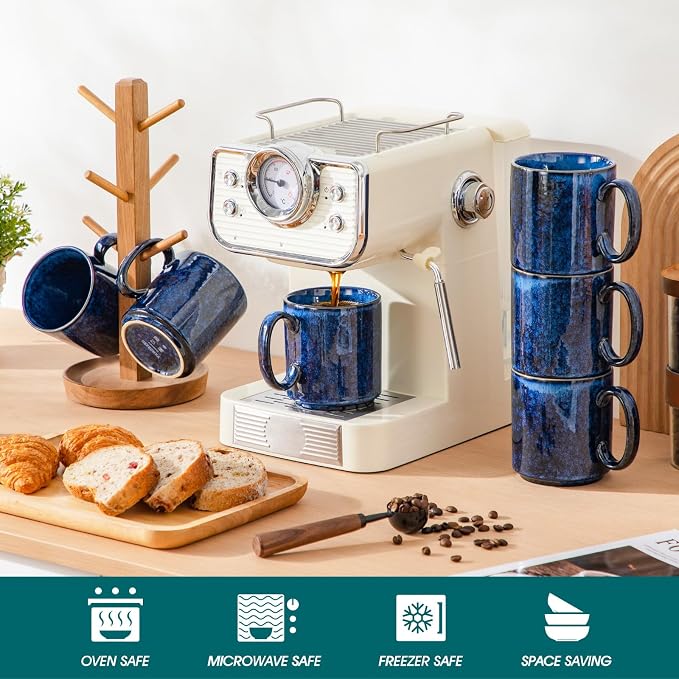 vancasso STARRY Ceramic Coffee Mugs Set of 6, 16 oz Large Coffee Cups for Latte, Cappuccino, Tea & Hot Cocoa, Artisan Modern Style for Coffee Bar, Home & Kitchen, Microwave & Dishwasher Safe, Blue