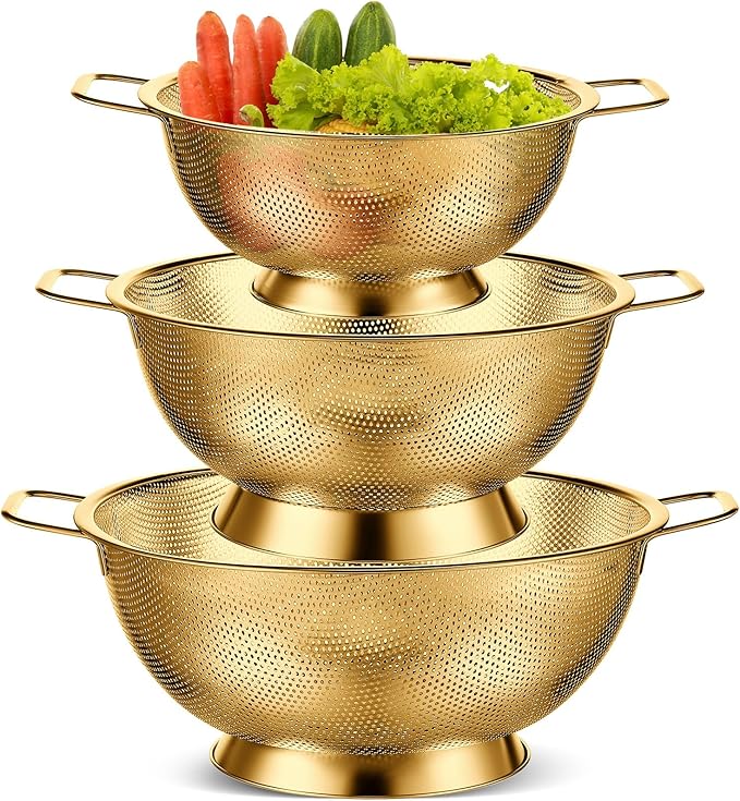 Bokon 3 Pcs Stainless Steel Colander Set Colander Bowl and Sieves 1/3/5 Quart Metal Mesh Strainer Net Basket with Handles Food Spaghetti Strainer for Kitchen Draining Pasta Rinsing(Gold)