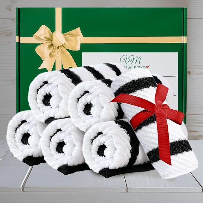 VOOVA & MOVAS Wash Cloths 4PC, 100% Cotton, 13x13 in, Black White | Thick, Quick Dry, Soft, Absorbent, Dorm Room Essentials, Perfect For Bath, Travel, Gym