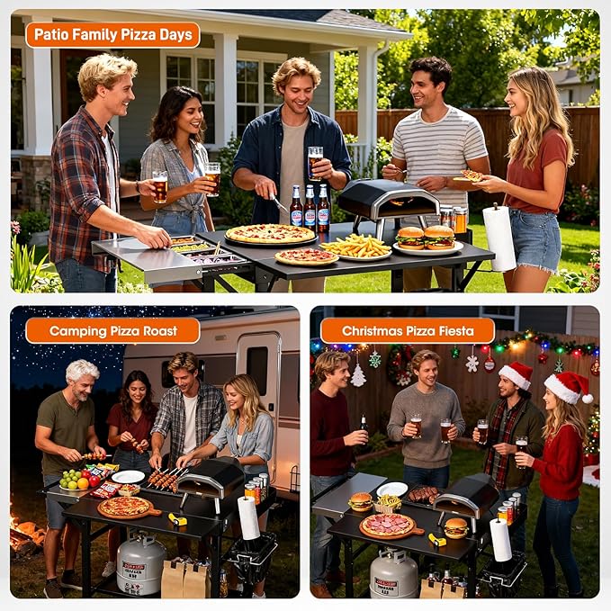 Pizza Oven Table with Cover, Folding Grill table Solid and Sturdy | Pizza Stand for Ooni Pizza Oven, Grill Cart Large Space with Wheel,Expansive Countertop Pizza Oven Accessories for Tailgating