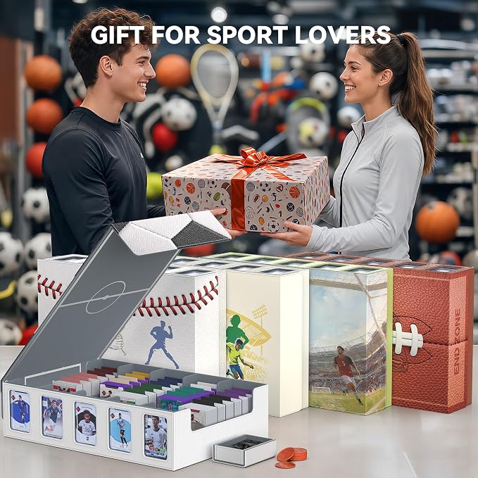 Kabinka Soccer Card Storage Box with Window Display, 5-Row Sport Card Storage Box, 3900+ Card Deck Box for Soccer Sports Card TCG, 5 Top Loaders, 5 Stoppers, 48 Dividers, 1 Dice Tray (Soccer 1)