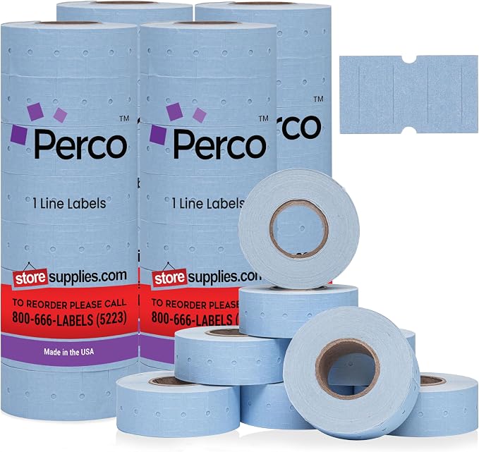 Perco 1 Line Blue Labels - 32,000 Blank Price and Date Gun Labels for Perco Lite, X, Plus and Pro 1 Line Price and Date Guns - 32 Rolls, 4 Sleeves - Made in USA