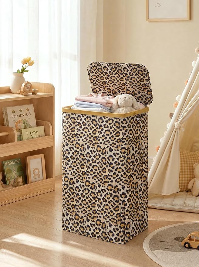 iEGrow Laundry Hamper with Lid, 110L Large Laundry Basket with Handle, Collapsible Clothes Basket Organizer with Removable Inner Bag for Clothes Towels - Leopard print