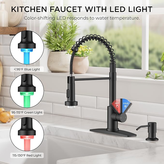 FORIOUS Black LED Kitchen Sink Faucet, Stainless Steel Kitchen Faucet with LED Light Sprayer, Commercial Transitional Single Handle Spring Faucet for Kitchen Sink, Bar & Prep Sinks, RV Camper