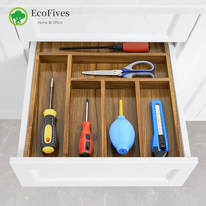 EcoFives Luxury Acacia Kitchen Drawer Organizer - Silverware Organizer - Utensil Holder and Cutlery Tray with Grooved Drawer Dividers for Flatware and Kitchen Utensils (6 Slot)