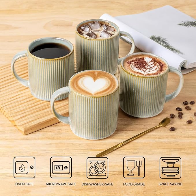 theterra Ceramic Coffee Mugs Set of 4, 14.2oz Handmade Coffee Cups with Handle for Latte, Tea, Milk, Beer, Hot Cocoa, Desert Sage