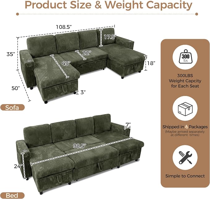 U-Shaped Couch with Pull-Out Bed. Sectional Sleeper Sofa, Green | Hidden Storage, USB & Type-C Port, Cup Holders, Cloud Corduroy, Modular Design for Living Room, Apartment, Easy Assembly