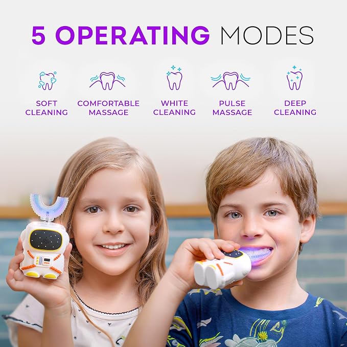 Bendi Kids Toothbrush, U-Shaped Electric Sensory Design, Ages 2-7, White | Sensory-friendly design, self-brushing 5 modes, 360 whole mouth clean, toddler & kids 2-7, astronaut mouthguard, multi heads