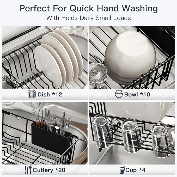 Dish Drying Rack Over The Sink with Utensil Holder, Drainboard | Expandable Stainless Steel Dish Drainer for Small Kitchen, Apartment, RV, Counter Space Saving, Perfect Fit, Rustproof