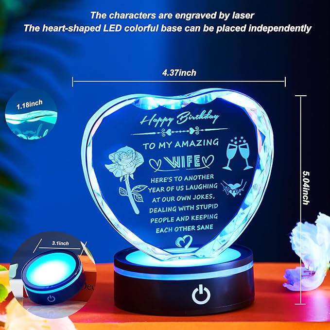 Birthday Gifts for Wife, Romantic Heart Shaped Crystal Night Light with LED Base, Wife Birthday Gift from Husband, Crystal Style Keepsake Plaque, Anniversary Valentine Christmas Gift for Her