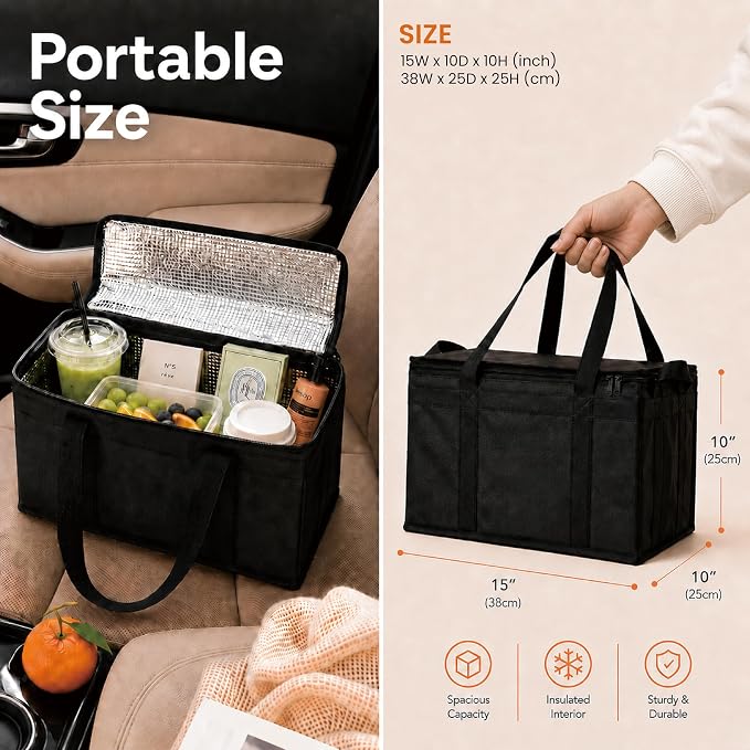 Insulated Food Bag, Portable Cooler Tote (Large, Black, 1 Pack) | Thermal bag, For cold and hot food, Soft sided cooler, Heavy duty 5-layered tote, Grocery shopping, Beach or travel bag