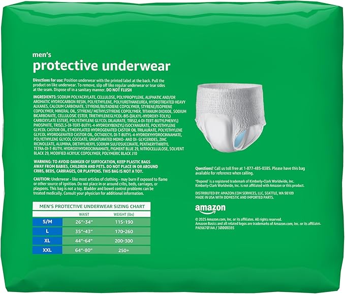 Amazon Basics Maximum Absorbency Incontinence Underwear for Men with Leak Protection, Moisture Control, Bladder Leak, X-Large, 48 Count (3 Packs of 16)