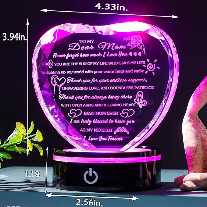 Arikyrist Gifts for Mom with Colorful LED Base Unique Moms Birthday Gifts from Daughter Son Crystal Heart Keepsakes to My Mom Gift for Mother's Day Thanksgiving Best Mother Ever Presents
