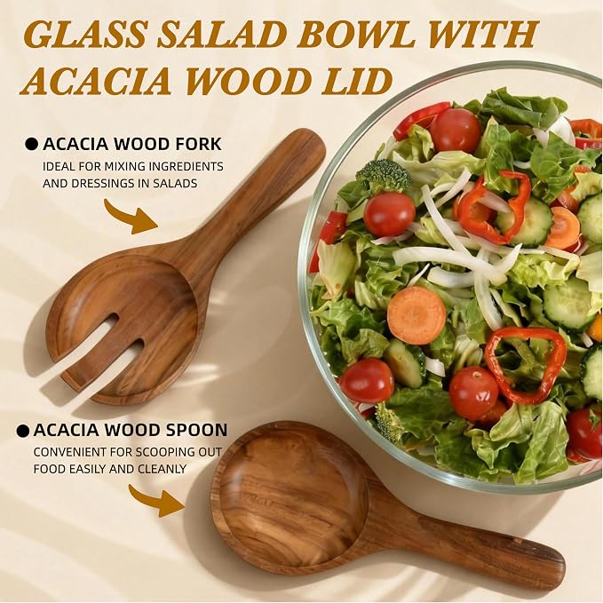 Glass Salad Bowl with Lid, 9.8" Large Glass Mixing Bowls with Acacia Wood Lids Set & Serving Utensils, 200oz Trifle and Serving Bowl for Salads, Fruit, Pasta, Dessert, Popcorn, Microwave Safe