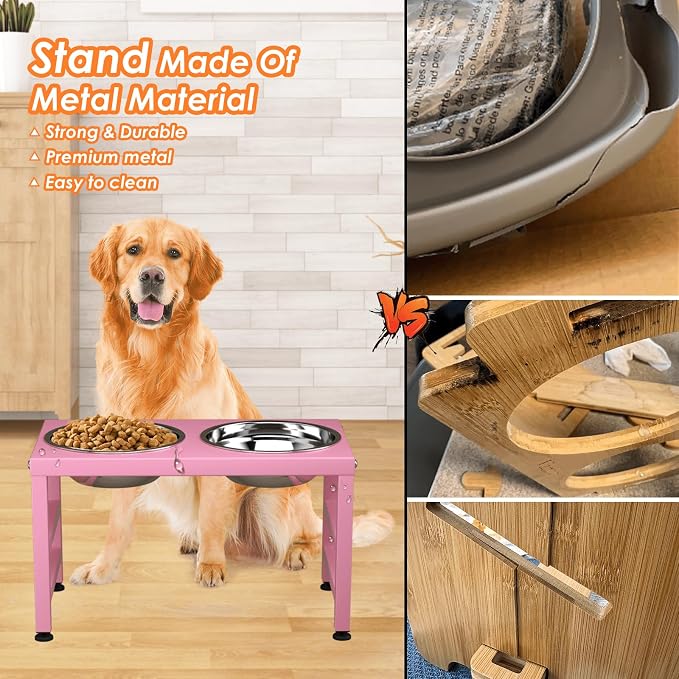 ADENGL Pink Metal Raised Dog Bowl Stand for Large Dogs, Stronger Elevated Dogs Bowls with Sprill Proof Mat, Food & Water Bowl 10in Tall Feeder (42OZ-Stainless Steel Dog Bowls, Mat-12x19 in)
