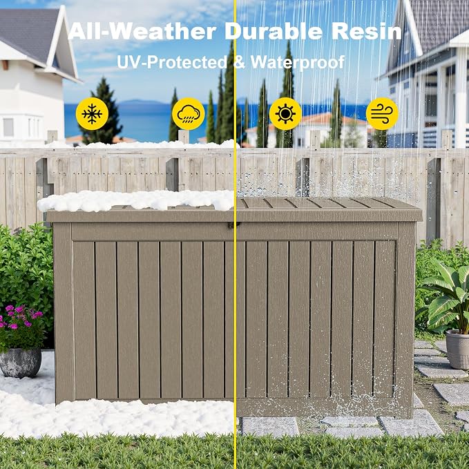 DRATO 280 Gallon Deck Boxes Outdoor Waterproof, Lockable Outdoor Storage Box for Patio Furniture Pool Supplies Garden Tools, Weatherproof Resin Storage Box for Backyard (Grey, 280 Gallon)