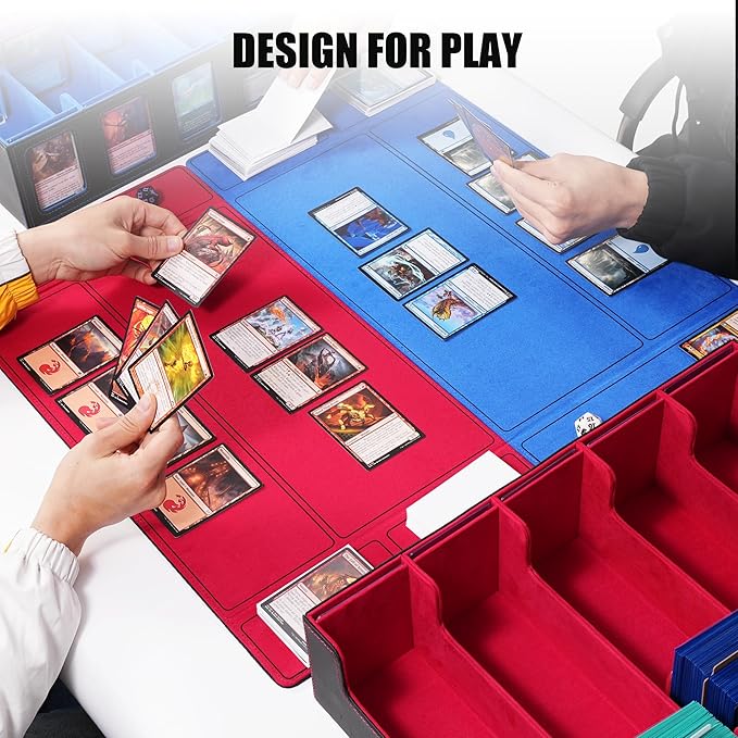 Trading Card Storage Box with Commander Display , 5-Row Deck Case with Removable Lid; 3900+ Card Deck Box for MTG TCG Sports Card, 5 Top Loaders, 5 Stoppers, 48 Dividers,1 Dice Tray (Black Red)
