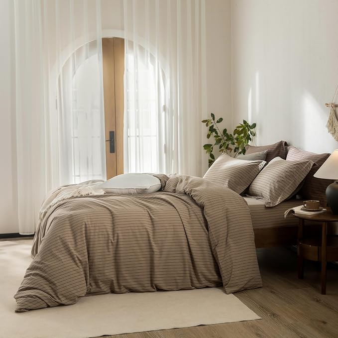Stripe Duvet Cover Queen Size 90inch x 90inch,100% Washed Cotton Pinstripe Duvet Cover with Zipper Closure and 2 Pillowcases, Color of Light Camel-Black Stripe