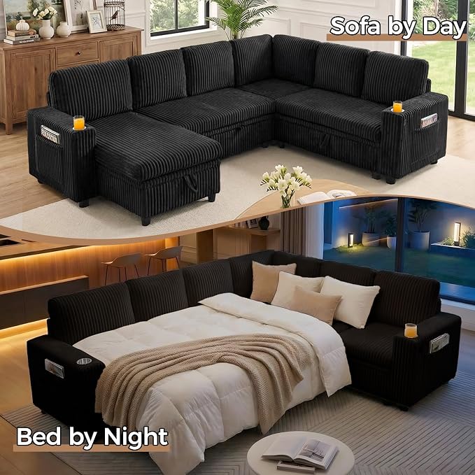106 in L-Shaped Sectional Sleeper Sofa Couch for Living Room, Black | Pull Out Bed, 7 Seat Modular Design, Hidden Storage Space, USB Charging, Cup Holders, Soft Corduroy Fabric, Easy Assembly