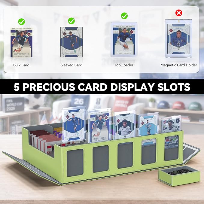 Kabinka Soccer Card Storage Box with Window Display, 5-Row Sport Card Storage Box, 3900+ Card Deck Box for Soccer Sports Card TCG, 5 Top Loaders, 5 Stoppers, 48 Dividers, 1 Dice Tray (Soccer 3)