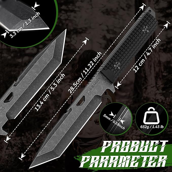 Dragon Creek Tactical Knife Kydex - D2 Steel Outdoor Knife with Sheath | Black G10 Full Tang Handle for Outdoor Survival Camping Hiking Thanksgiving Gift Men