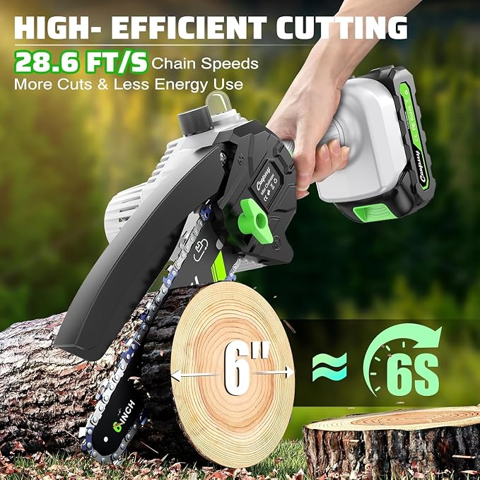 CEEPUY Mini Chainsaw, 6 Inch Portable Electric Chainsaw with 2 Batterys/Automatic Oiler/Security Lock/Powered Small Handheld Saw for Trees Branches Trimming