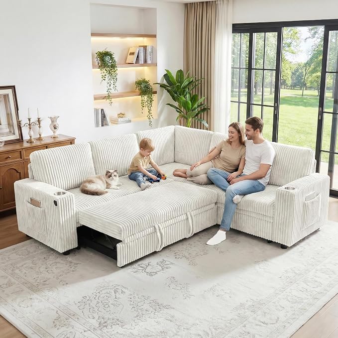 L Shaped Sectional Sleeper Sofa, Pull Out Couch with Storage, Beige | Pull Out Bed, 5 Seat Modular Design, Soft Corduroy Fabric, USB Charging, Cup Holders, Removable Covers, Easy Assembly