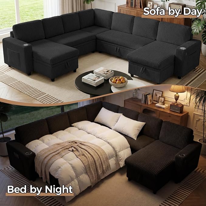 Oversized U-Shaped Sectional Sleeper Sofa for Living Room, Black | Modular Design, Pull Out Bed, Hidden Storage Space, Soft Corduroy, USB Charging, Cup Holders, Easy Assembly