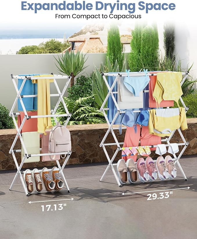 APEXCHASER Oversize Clothes Drying Rack, 3-Tier Drying Rack Clothing, Expandable Metal Laundry Drying Rack, Air Drying Rack, Clothes Rack, No install, 24lb Capacity, 14.9" D x 29.3" W x 39.3" H, White