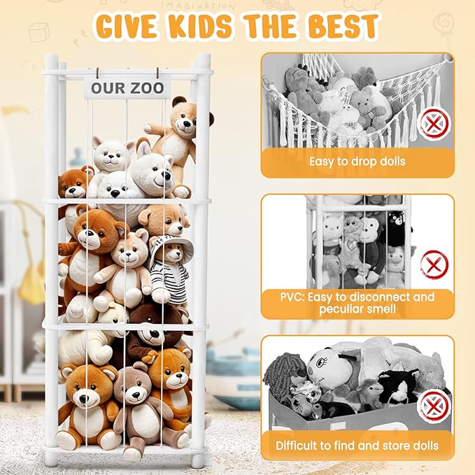 Woodure Stuffed Animal Storage & Organizer, Wooden Cute Zoo Toy Holder for Toddler Rooms, Playrooms & Bedrooms（White）