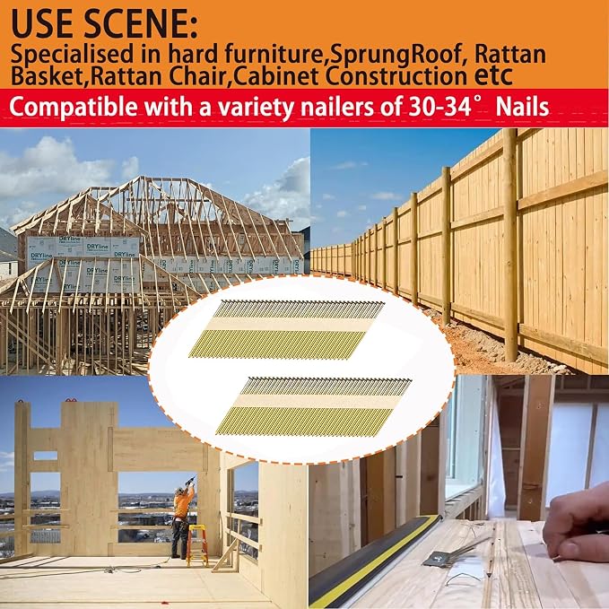 34°Framing Nails,Smooth Shank,2-1/2":1000pcs | D Head Nail Pack,Galvanized Paper Tape Strip Nails,for 30 to 34 Degree Framing Nailer