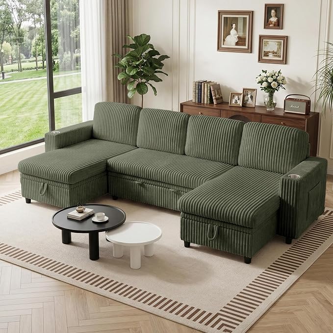 U-Shaped Couch with Pull-Out Bed. Sectional Sleeper Sofa, Green | Hidden Storage, USB & Type-C Port, Cup Holders, Cloud Corduroy, Modular Design for Living Room, Apartment, Easy Assembly