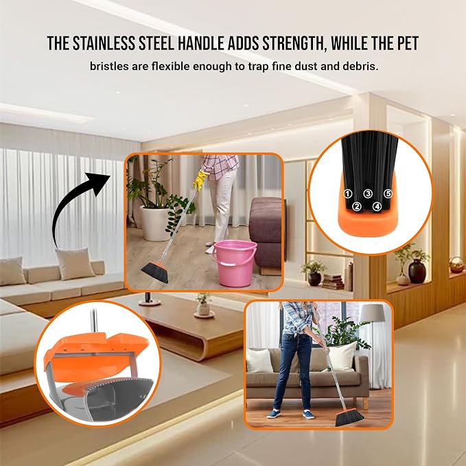 DUST PAN Adjustable Handle Length 90–125cm Broom and 80–110cm Dustpan – Durable PP+PET+Stainless Steel Build – Black & Green Color – Home, Office, Kitchen & Easy Floor Cleaning