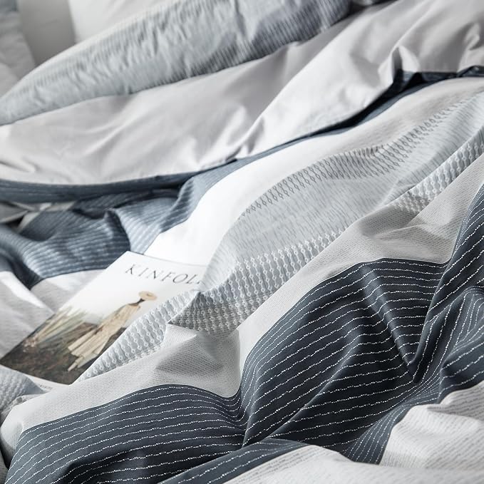 mixinni Geometric Striped Duvet Cover Set - 100% Natural Cotton, Grey & White Stripes, Queen Size, 3-Piece Bedding Set with Zipper Closure