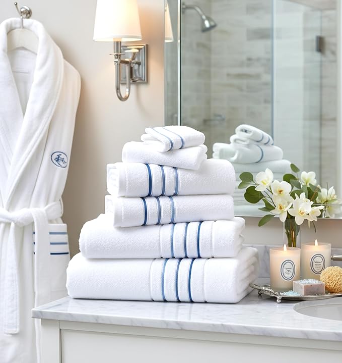 Bath Towels Set for Bathroom – Luxury 6-Piece Cotton Towels, Soft Absorbent & Quick Dry, 600 GSM Bath Towels for Bathroom, Hotel Spa Quality (White/Blue Azure, 4-Hand Towel Set)