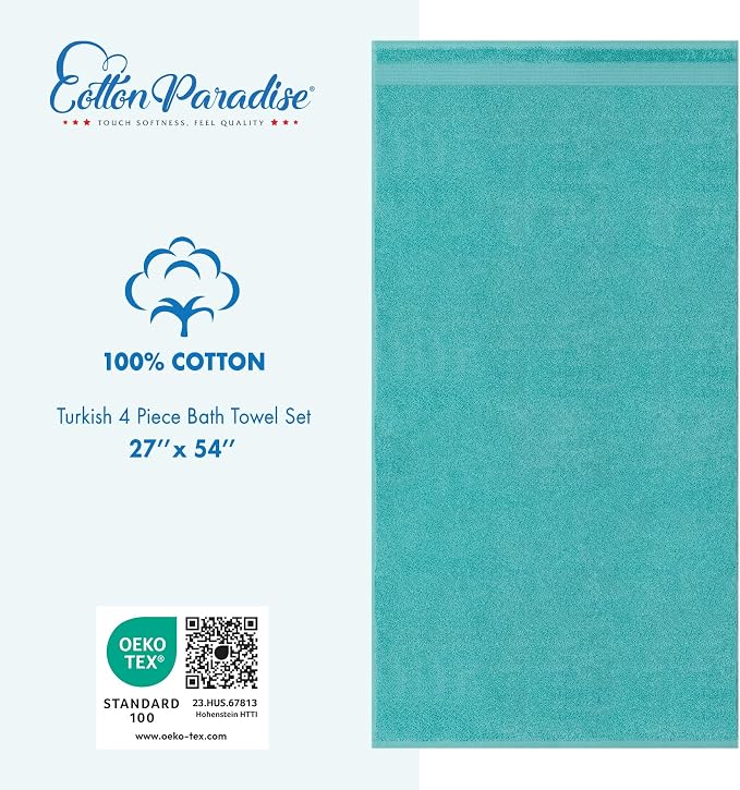 Cotton Paradise 4 Piece Turkish Bath Towels for Bathroom, 100% Cotton Extra Large Soft Plush Towels Bathroom Set, Turquoise