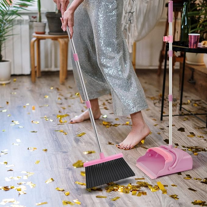 Broom and Dustpan Set for Home, Office, Indoor&Outdoor Sweeping, Stand Up Broom and Dustpan (Pink)