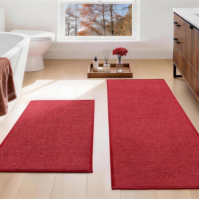 YIHOUSE Red Bathroom Rugs Sets 2 Piece, Quick Dry Thin Bath Mat, Non Slip Absorbent Machine Washable, Bath Runner Rug for Bathtub Sink Home Decor (17"x24" + 17"x47")