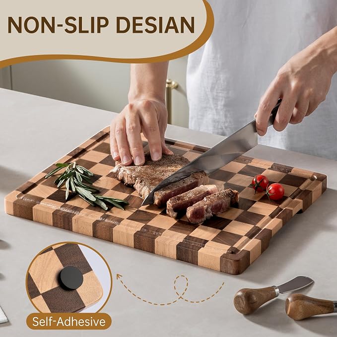 Checkered Cutting Board, Wooden Cutting Boards for Kitchen | Acacia Wood Cutting Board with Handle & Juice Grooves, Small Charcuterie Boards with Gift Box, 14" X 11" X 0.8"
