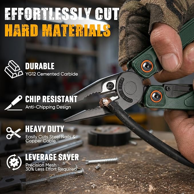 BIBURY Lightweight G10 Handle Multitool Pliers, 25-in-1 EDC Multi Tool with Replaceable Wire Cutters, Scissors, One-Hand Opening Pocket Knife Survival Tools for Camping, Repair,Survival -BI2048G