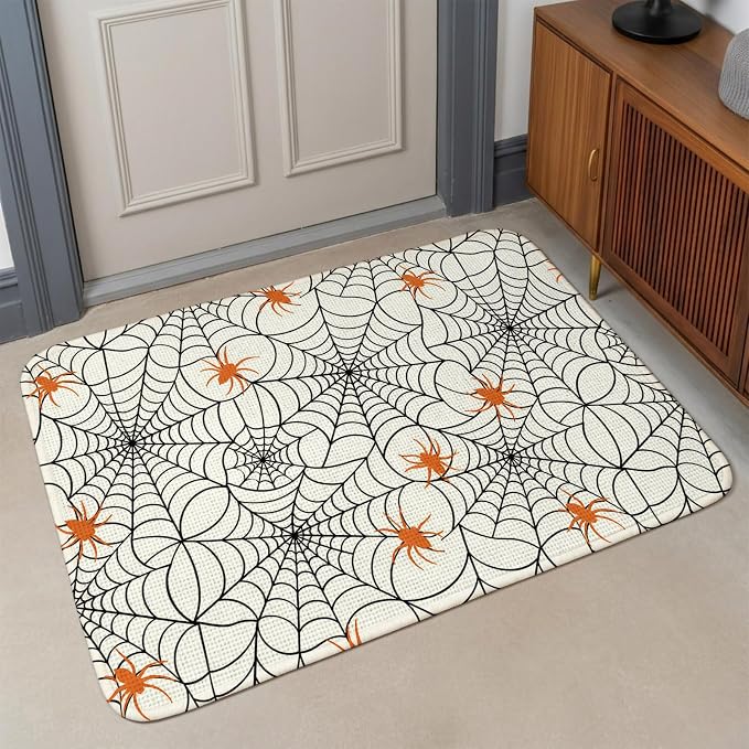 Halloween Washable Area Rugs for Living Room Bedroom, Large Non Slip Indoor Floor Carpet Absorbent Low Pile Black Net Classic Spiders Gingham Orange Door Mat Rugs for Bathroom Entryway 47.2"x63"